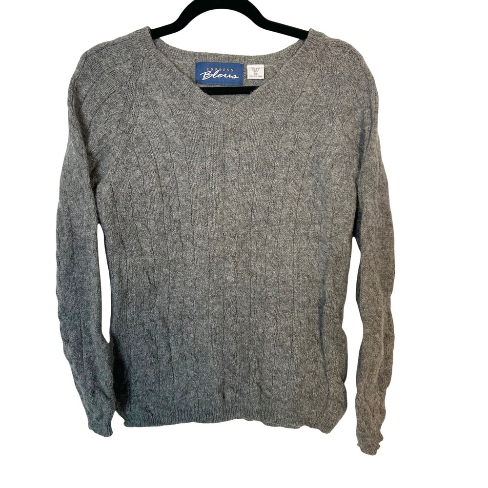 express bleus Women's xs grey 100% wool cable knit v neck pullover sweater